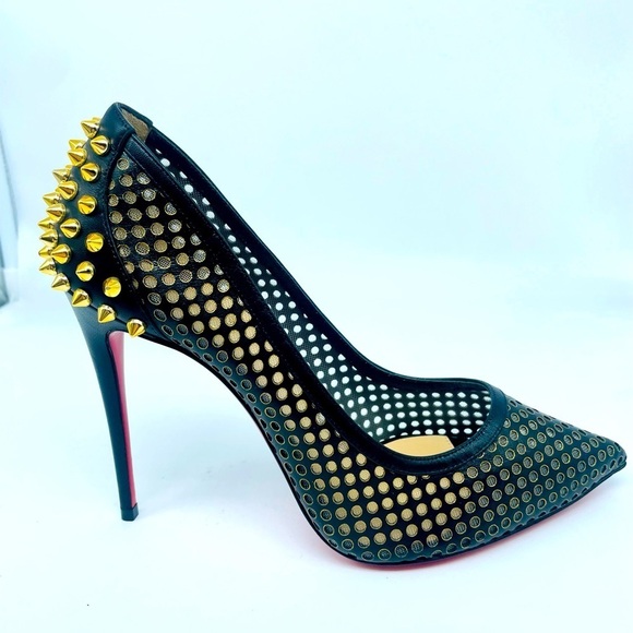 Christian Louboutin Shoes - Christian Louboutin Black Leather Mesh Guni Spiked Gold stud 100mm pumps EU 38.5